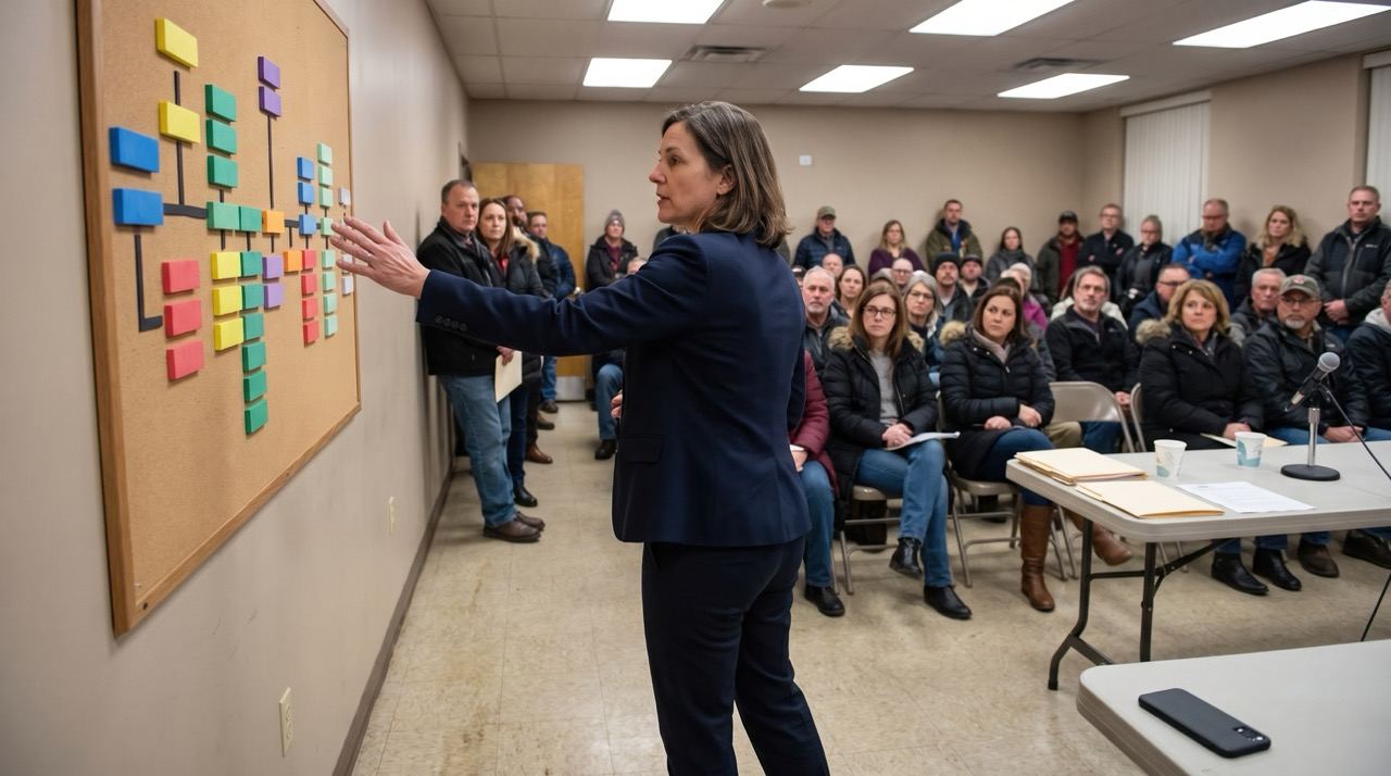 A facilitator presenting a board covered in coloured sticky notes to a room of seated residents