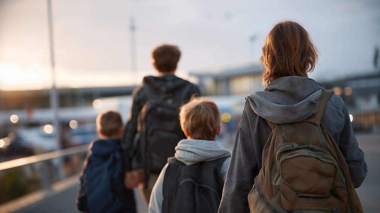 A family carrying backpacks walking through an arrivals terminal at dusk