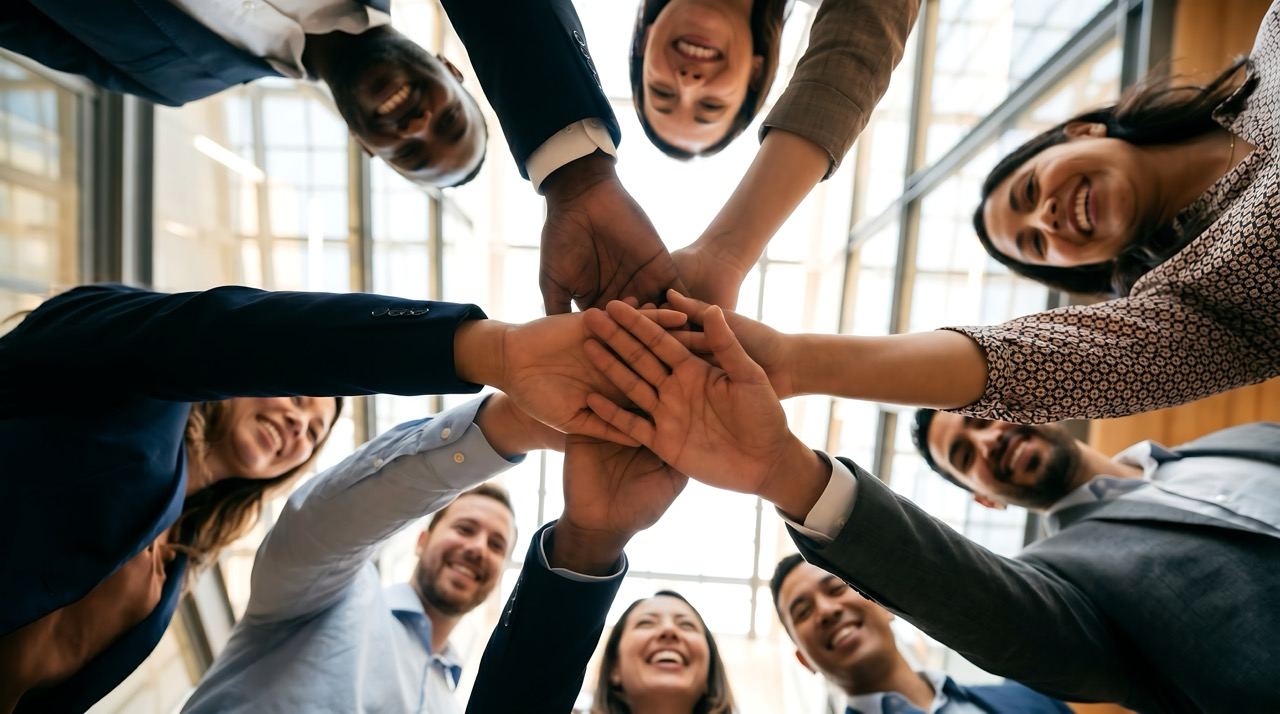 People joining their hands together in a circle