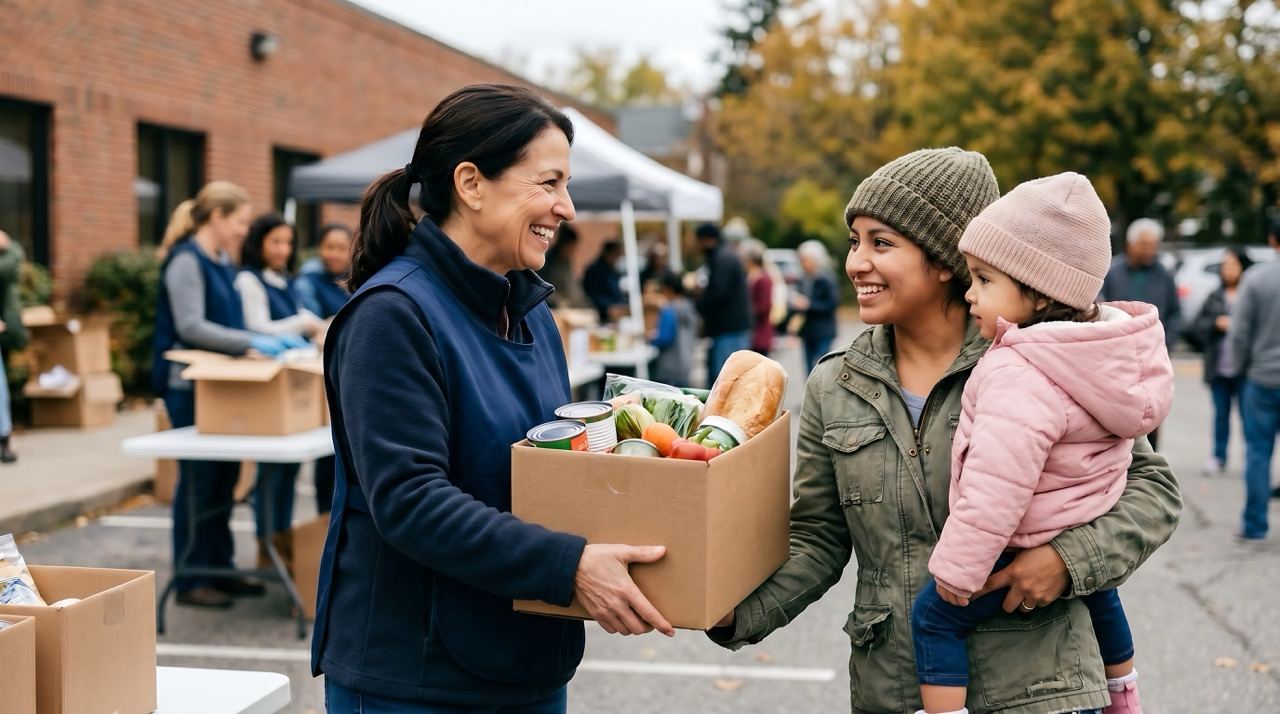 A volunteer handing a box of groceries to a woman holding a toddler at an outdoor distribution