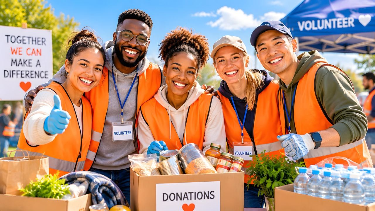 Volunteers standing behind boxes of donated food and water