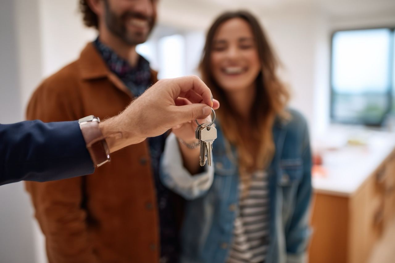 A worker passing a set of house keys to a smiling woman
